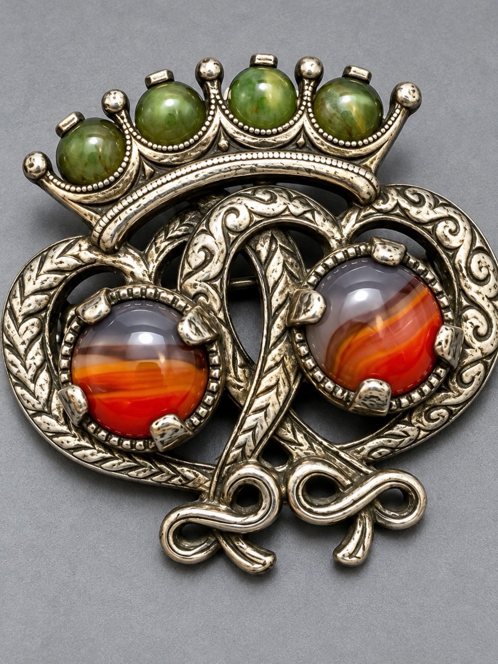 Miracle Crowned Heart Brooch with Green and Orange #cz525